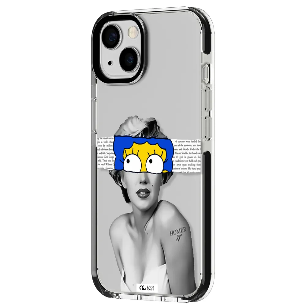 a woman with a cartoon on her head Apple iPhone 13 impact black border Case