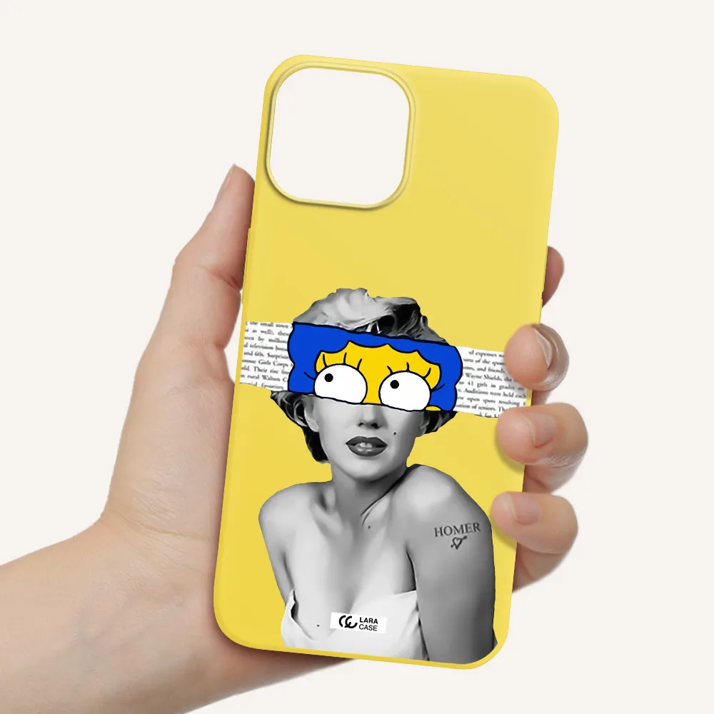 a woman with a cartoon on her head Apple iPhone 13 mini Silicone canary yellow Case