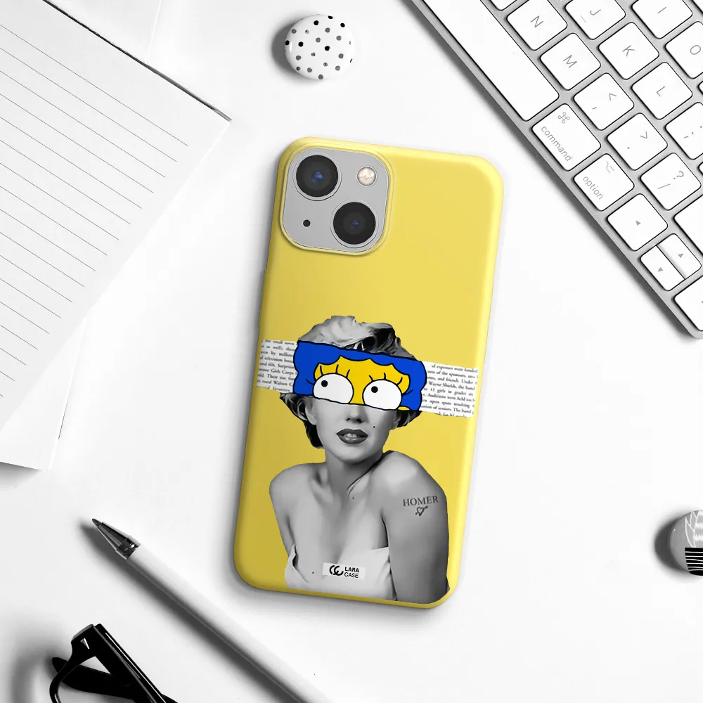 a woman with a cartoon on her head Apple iPhone 13 mini Silicone canary yellow Case