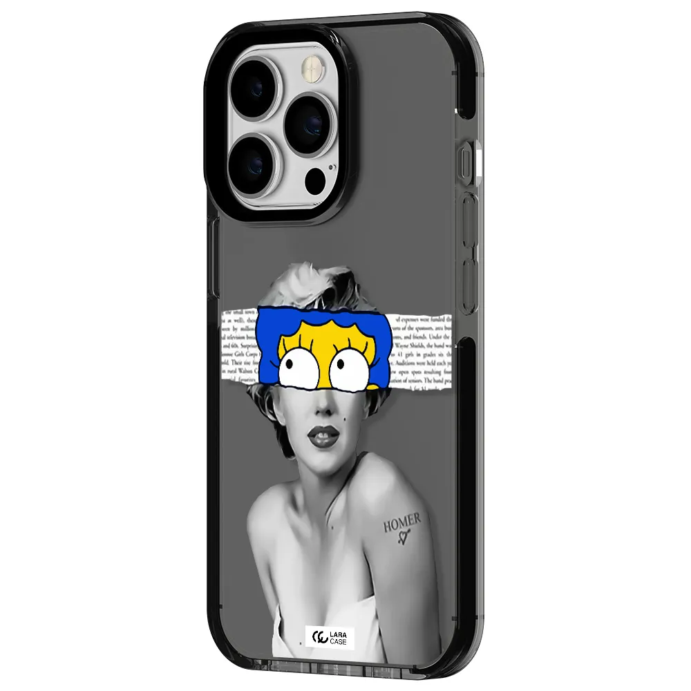 a woman with a cartoon on her head Apple iPhone 13 Pro impact Smoke Black Case