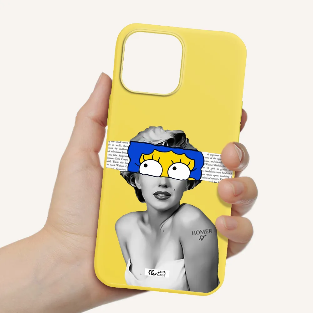 a woman with a cartoon on her head Apple iPhone 13 Pro Max Silicone canary yellow Case