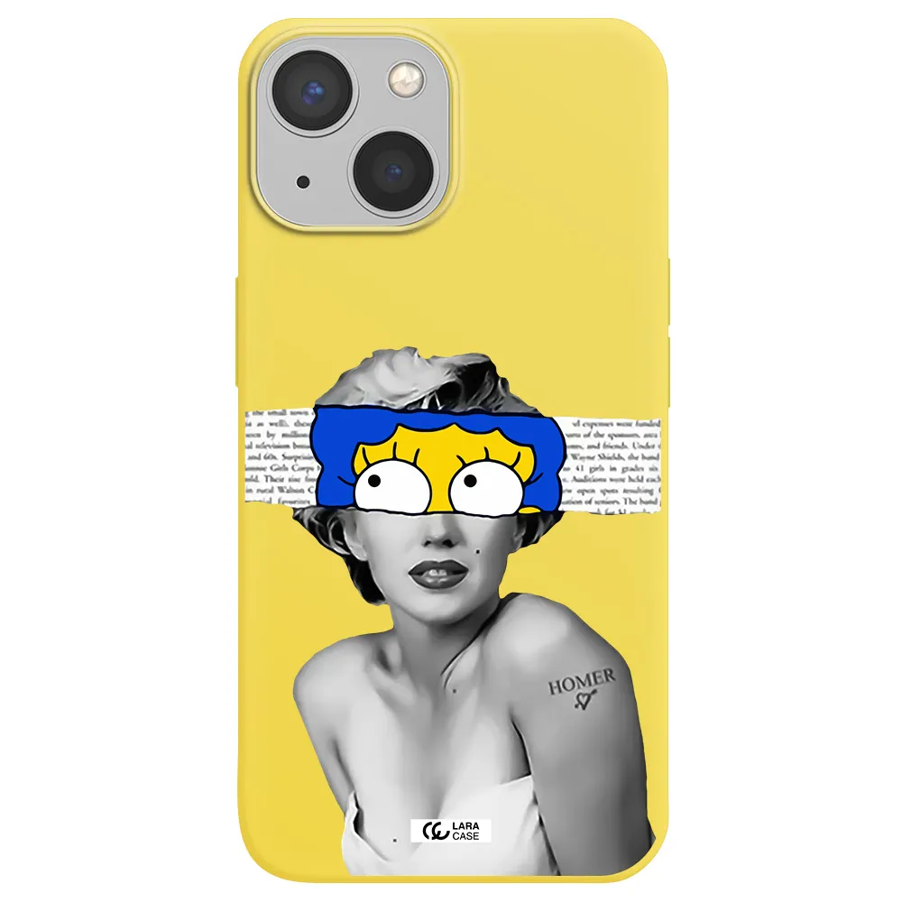 a woman with a cartoon on her head Apple iPhone 13 Silicone canary yellow Case