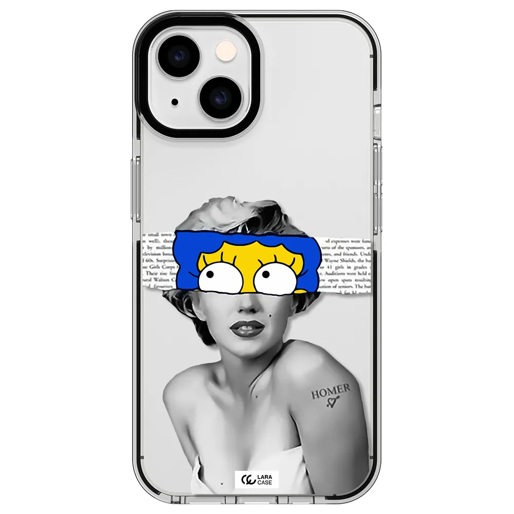 a woman with a cartoon on her head Apple iPhone 14 impact black border Case