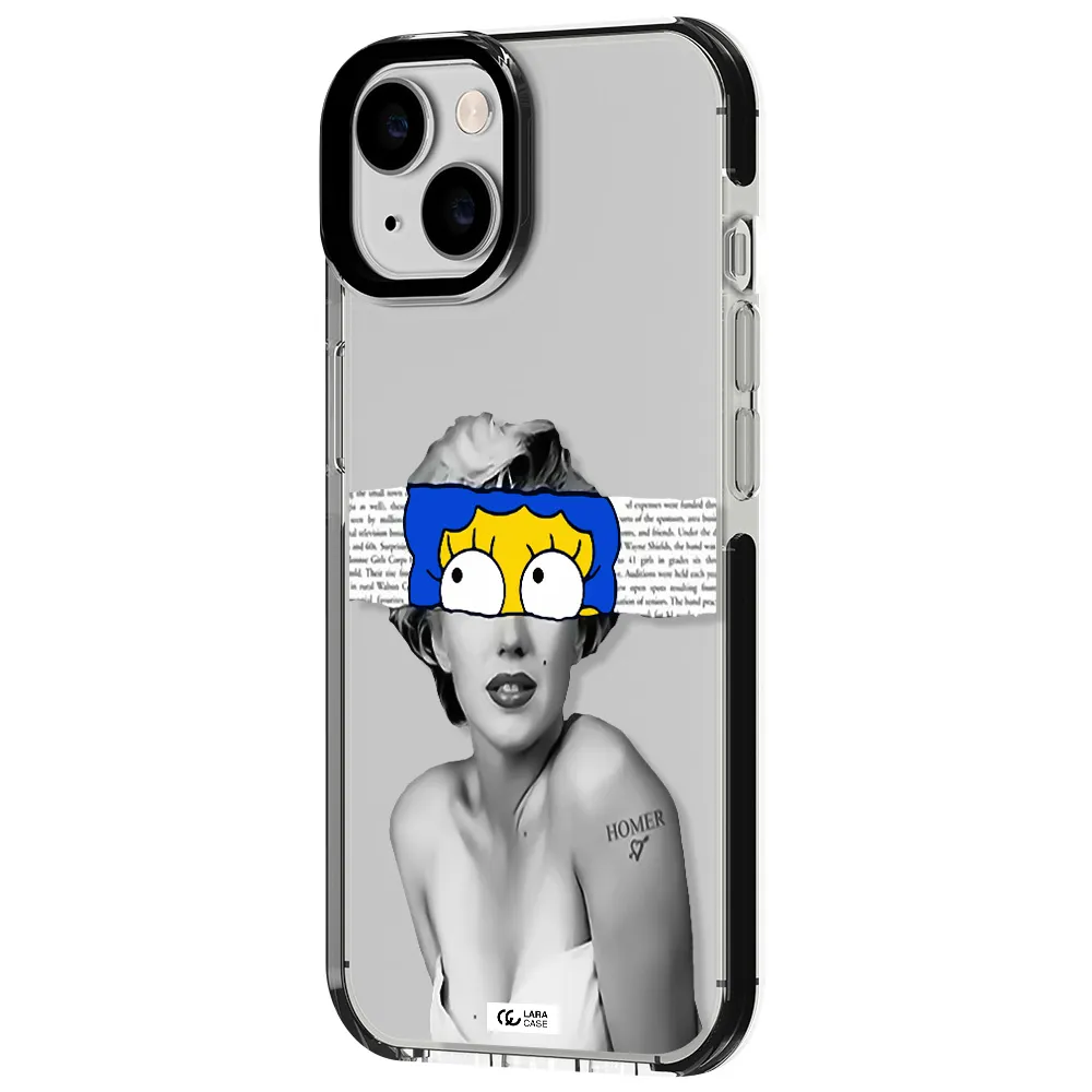 a woman with a cartoon on her head Apple iPhone 14 impact black border Case