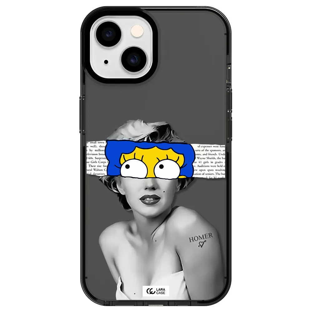 a woman with a cartoon on her head Apple iPhone 14 impact Smoke Black Case