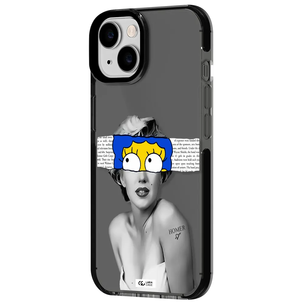 a woman with a cartoon on her head Apple iPhone 14 impact Smoke Black Case