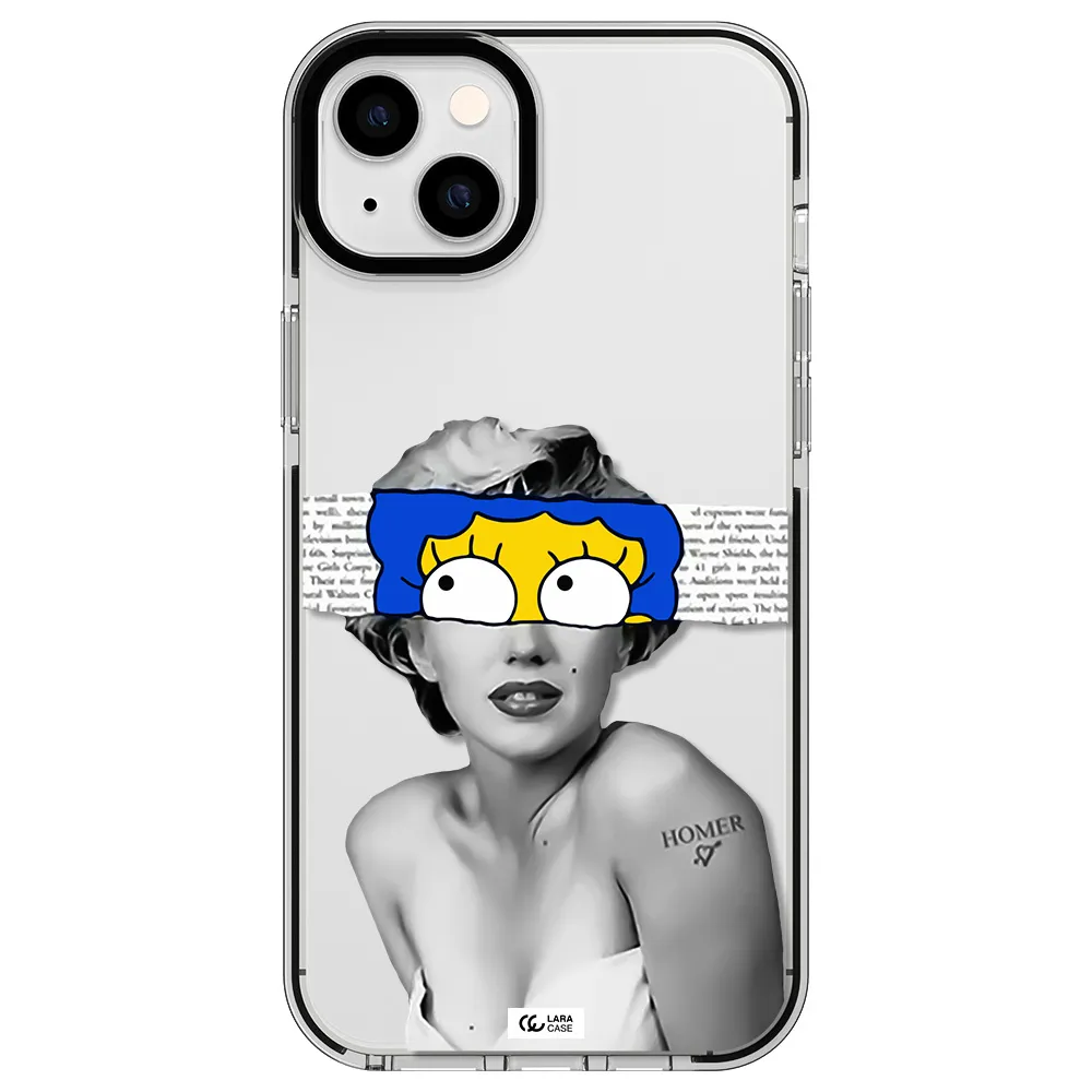 a woman with a cartoon on her head Apple iPhone 14 plus impact black border Case