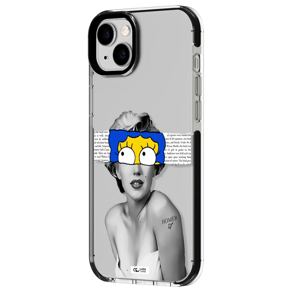 a woman with a cartoon on her head Apple iPhone 14 plus impact black border Case