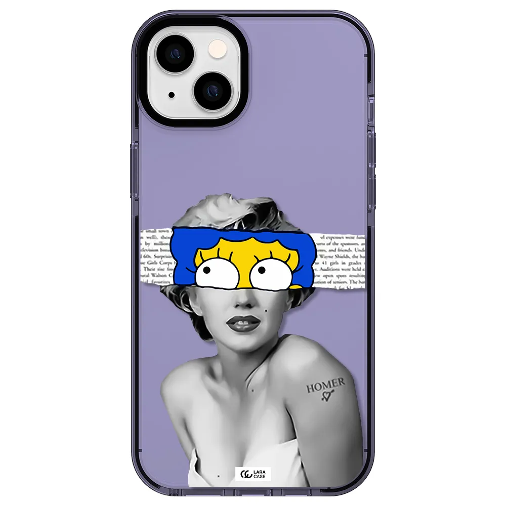 a woman with a cartoon on her head Apple iPhone 14 plus impact Lilac Case
