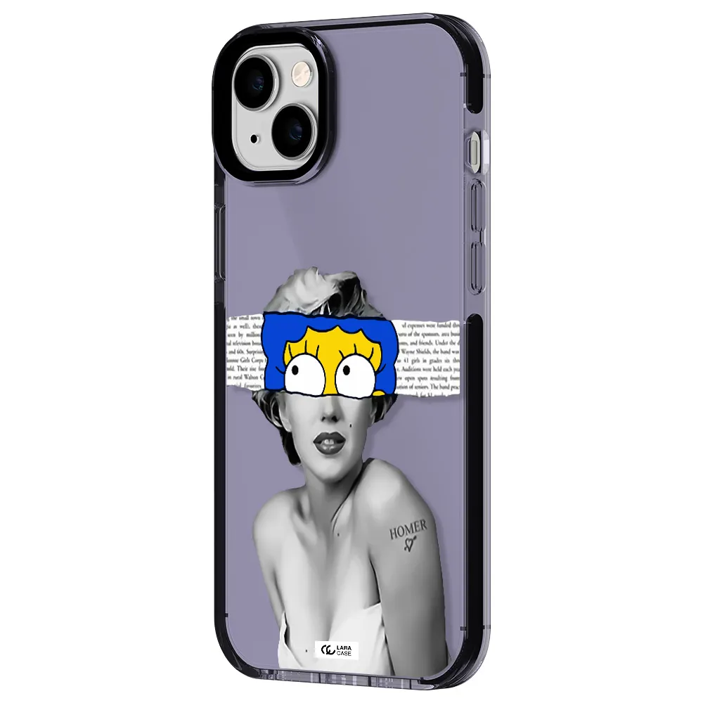 a woman with a cartoon on her head Apple iPhone 14 plus impact Lilac Case