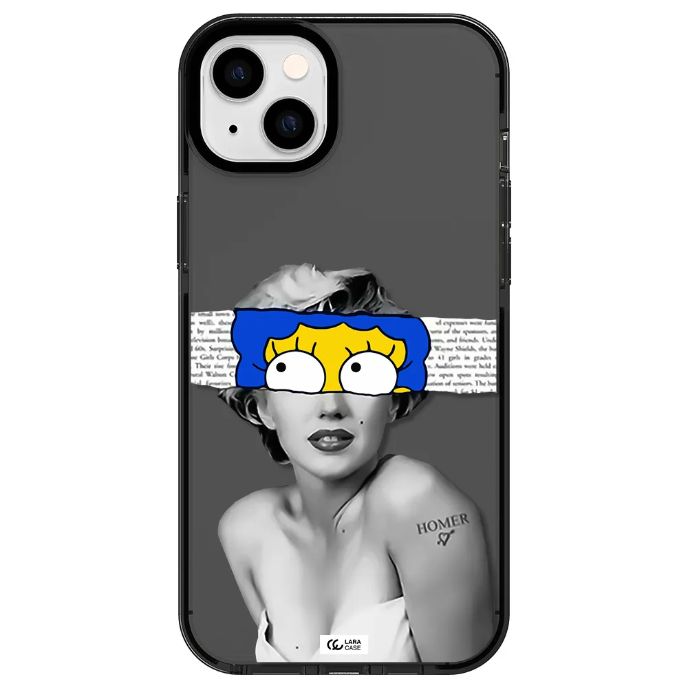 a woman with a cartoon on her head Apple iPhone 14 plus impact Smoke Black Case