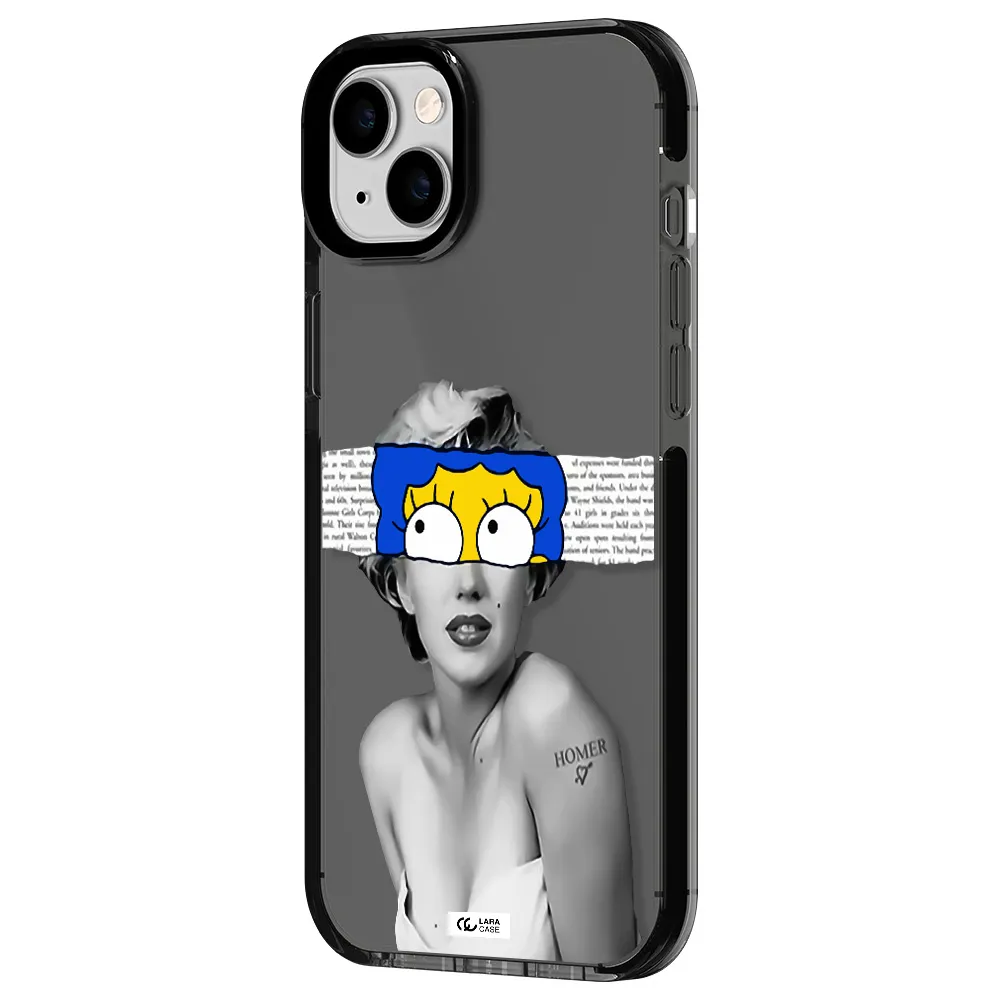 a woman with a cartoon on her head Apple iPhone 14 plus impact Smoke Black Case