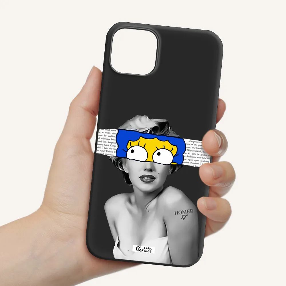 a woman with a cartoon on her head Apple iPhone 14 plus Silicone black Case