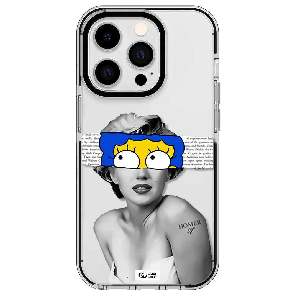 a woman with a cartoon on her head Apple iPhone 14 pro impact black border Case