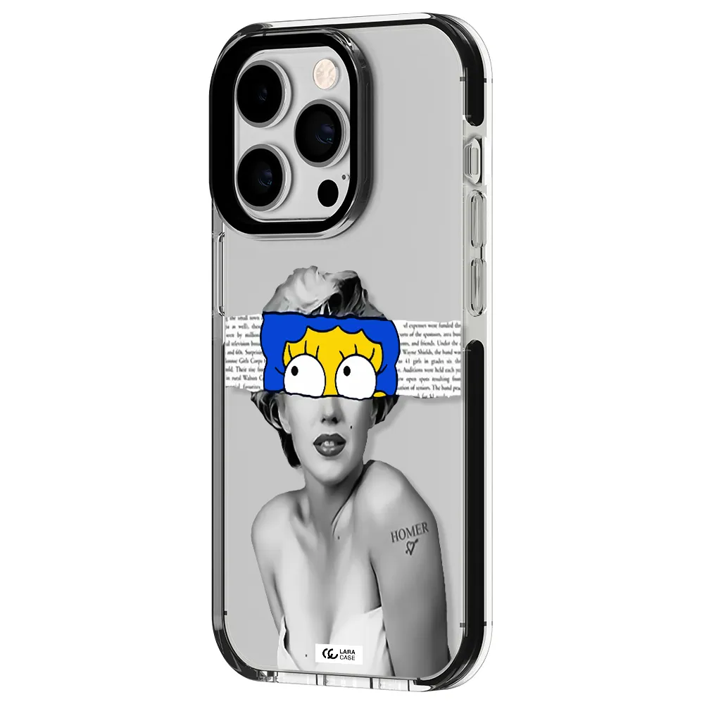a woman with a cartoon on her head Apple iPhone 14 pro impact black border Case