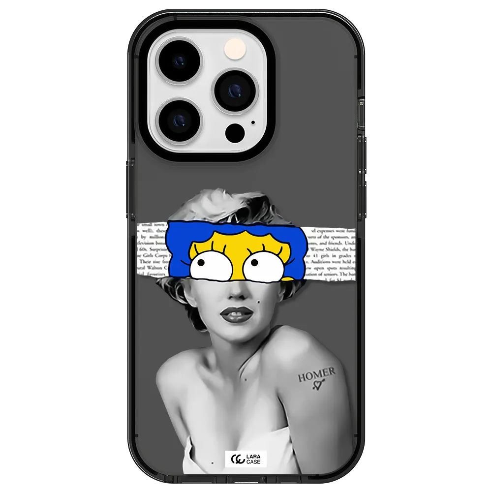 a woman with a cartoon on her head Apple iPhone 14 pro impact Smoke Black Case