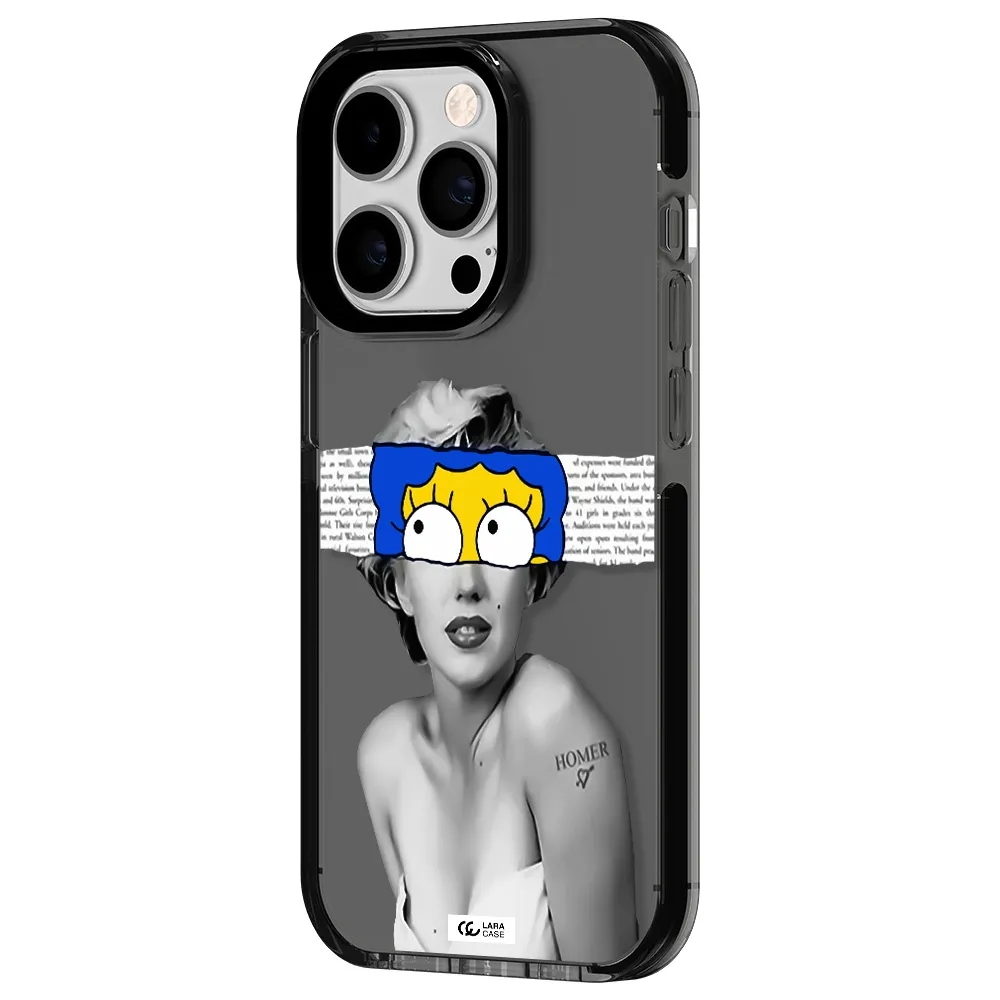 a woman with a cartoon on her head Apple iPhone 14 pro impact Smoke Black Case