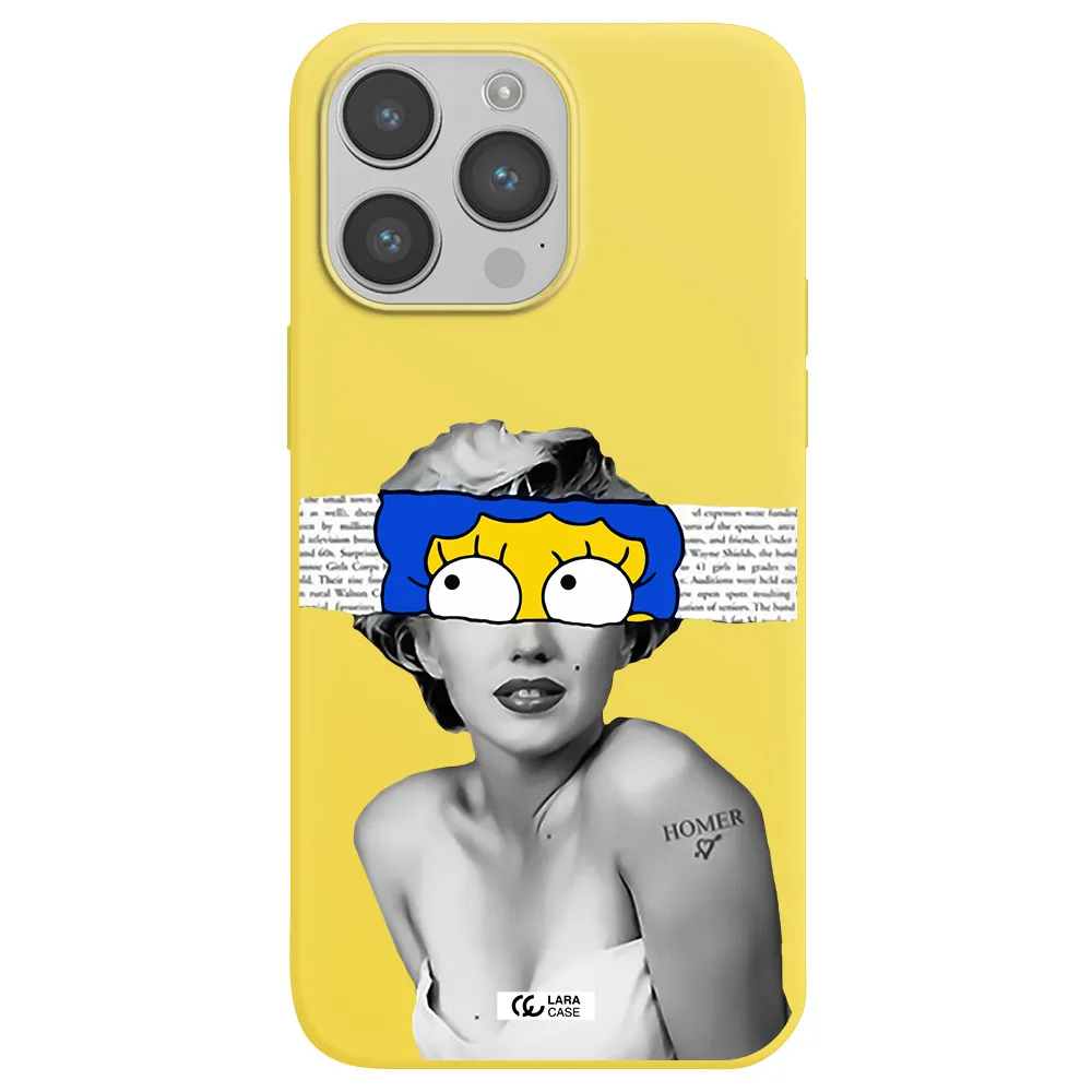 a woman with a cartoon on her head Apple iPhone 14 pro max Silicone canary yellow Case