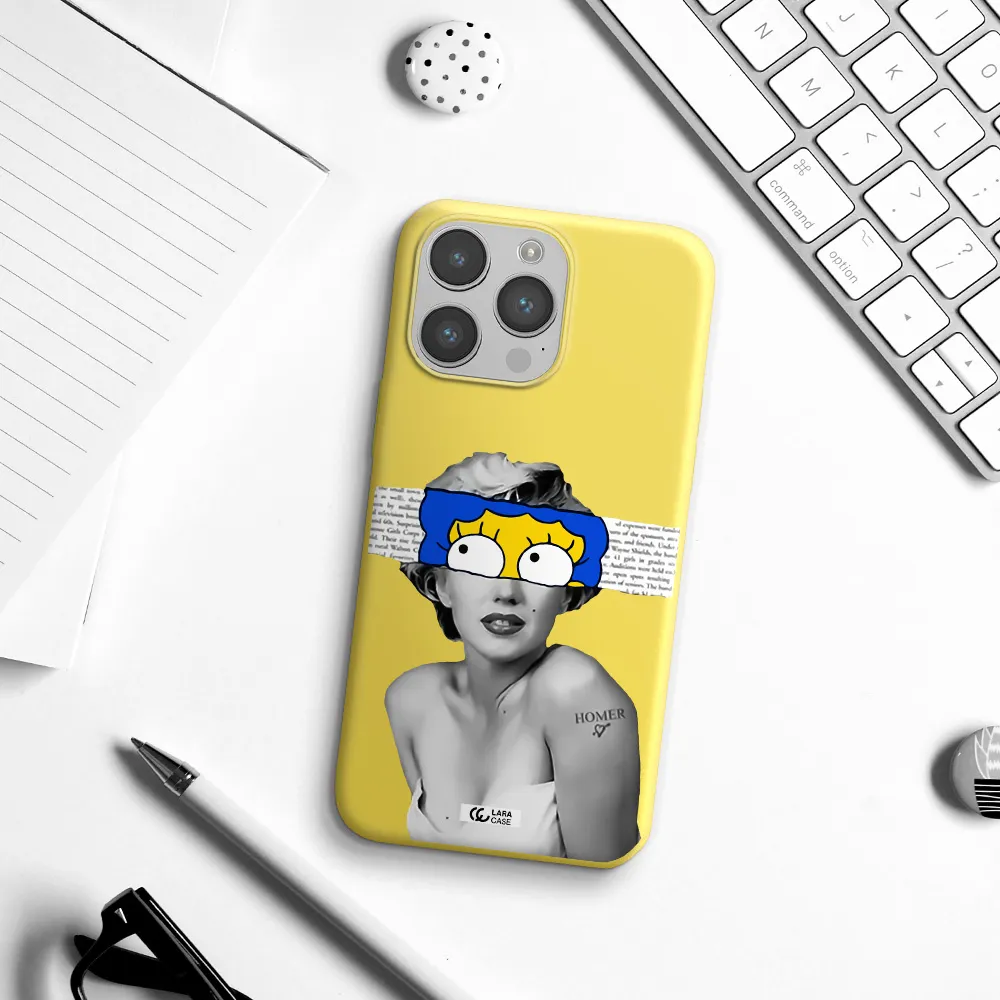 a woman with a cartoon on her head Apple iPhone 14 pro max Silicone canary yellow Case