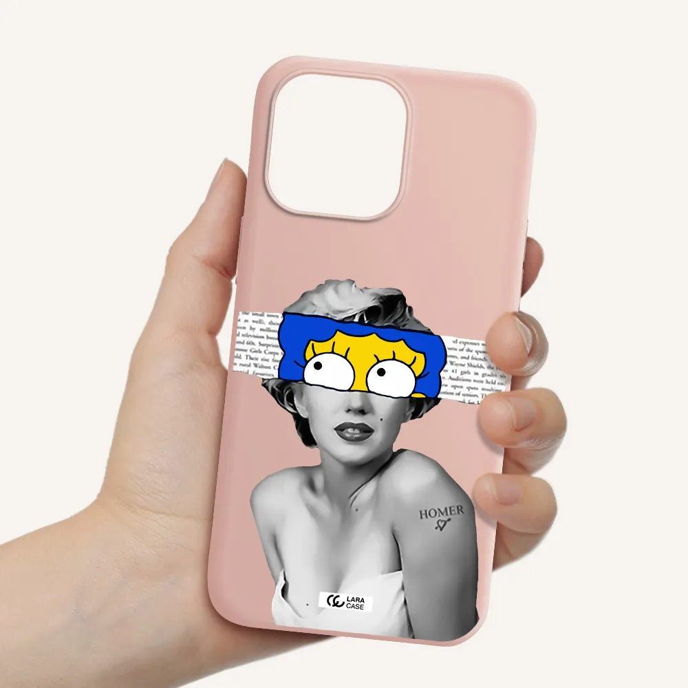 a woman with a cartoon on her head Apple iPhone 14 pro max Silicone pastel pink Case