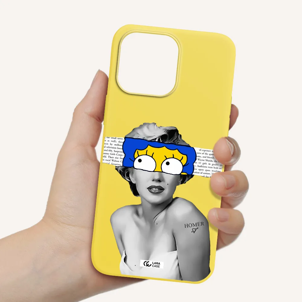 a woman with a cartoon on her head Apple iPhone 14 pro Silicone canary yellow Case