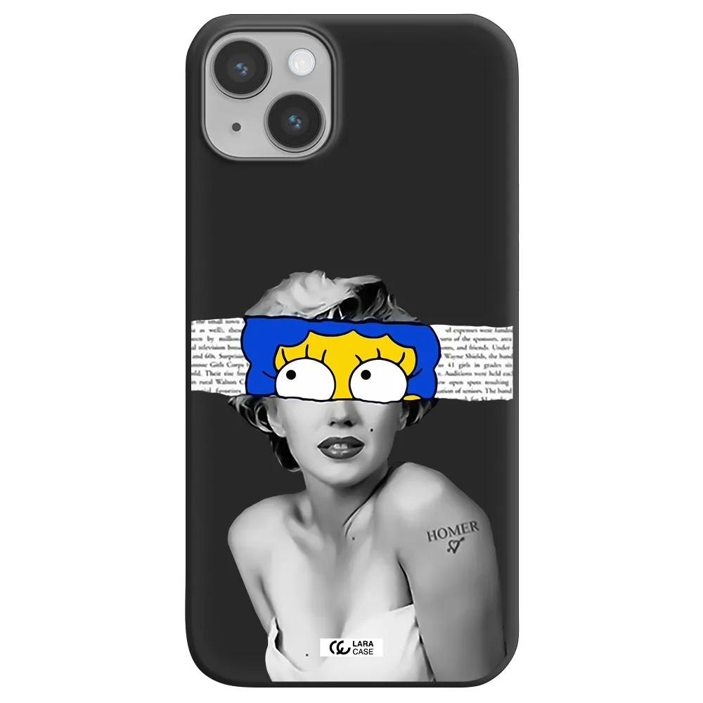 a woman with a cartoon on her head Apple iPhone 14 Silicone black Case