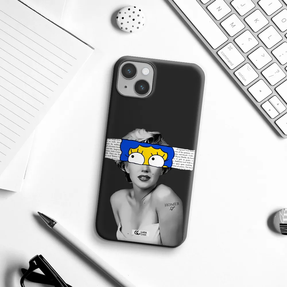 a woman with a cartoon on her head Apple iPhone 14 Silicone black Case