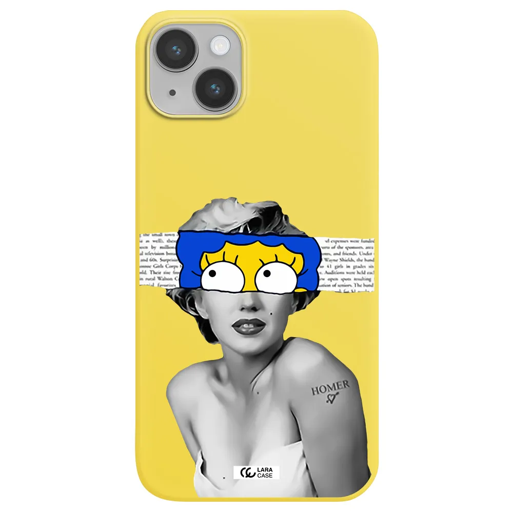 a woman with a cartoon on her head Apple iPhone 14 Silicone canary yellow Case