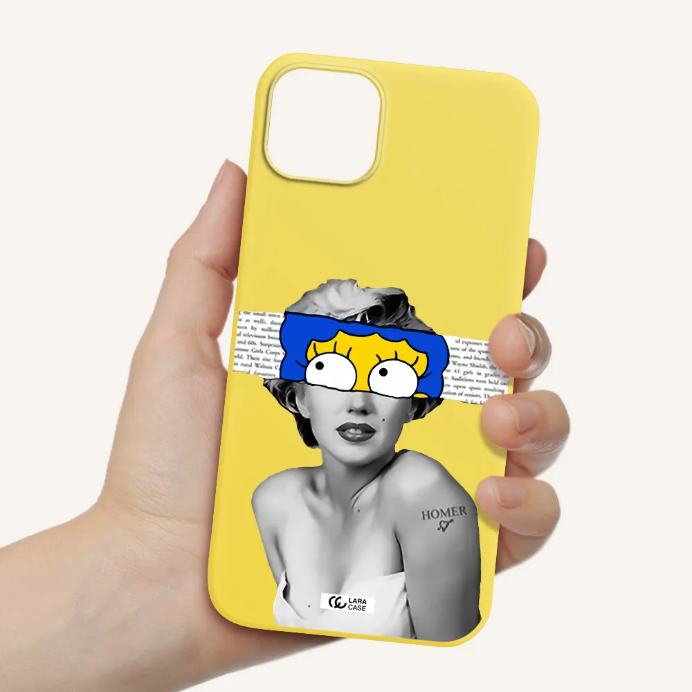 a woman with a cartoon on her head Apple iPhone 14 Silicone canary yellow Case