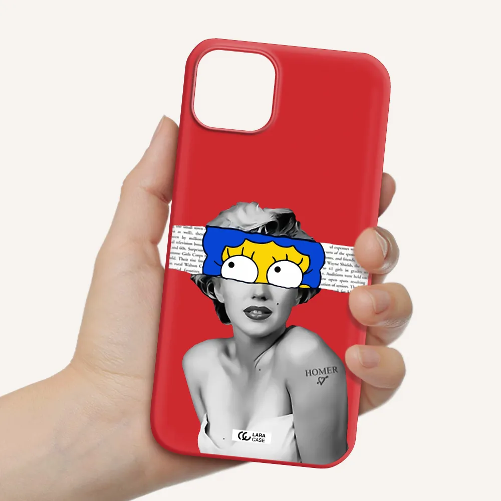 a woman with a cartoon on her head Apple iPhone 14 Silicone Imperial Red Case