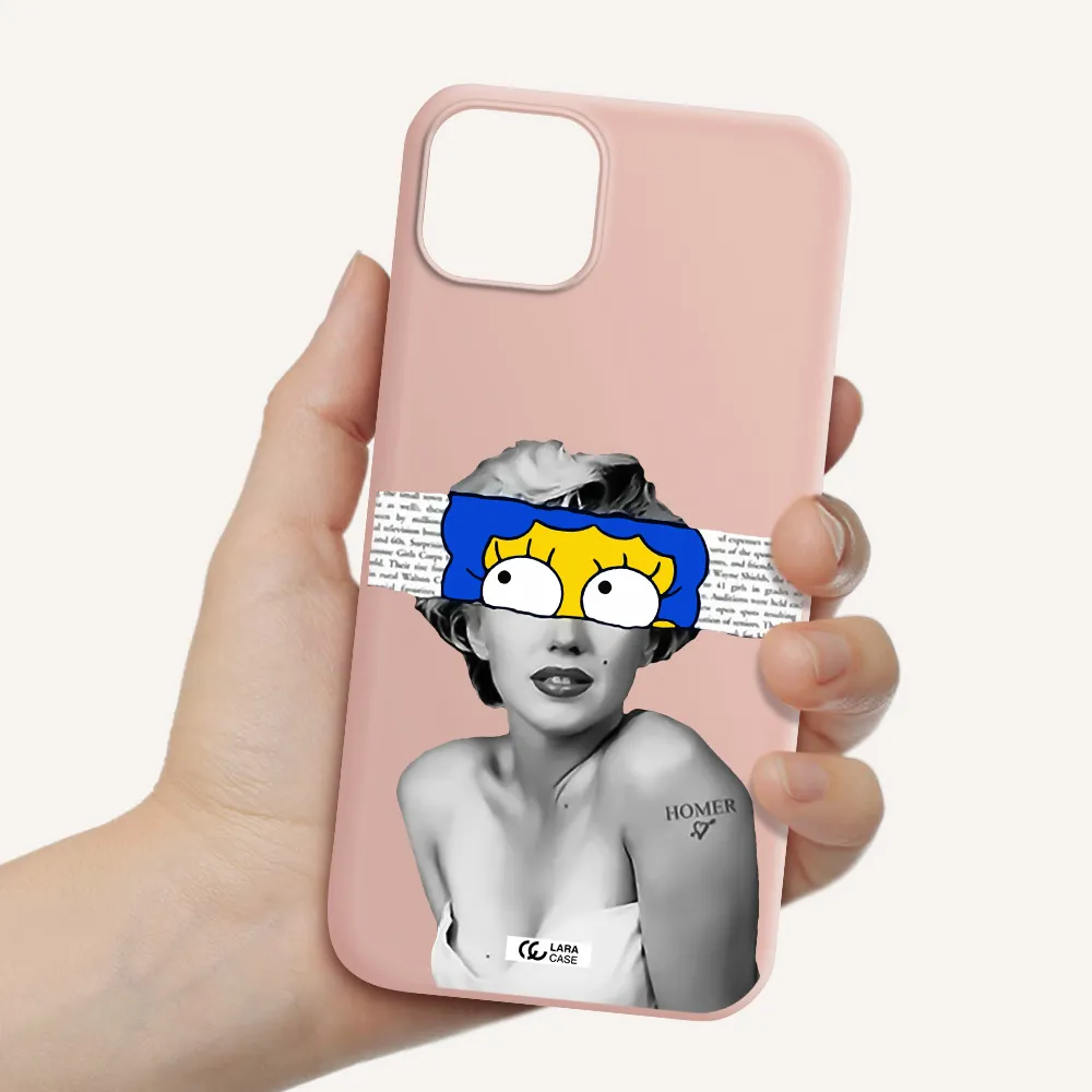 a woman with a cartoon on her head Apple iPhone 14 Silicone pastel pink Case