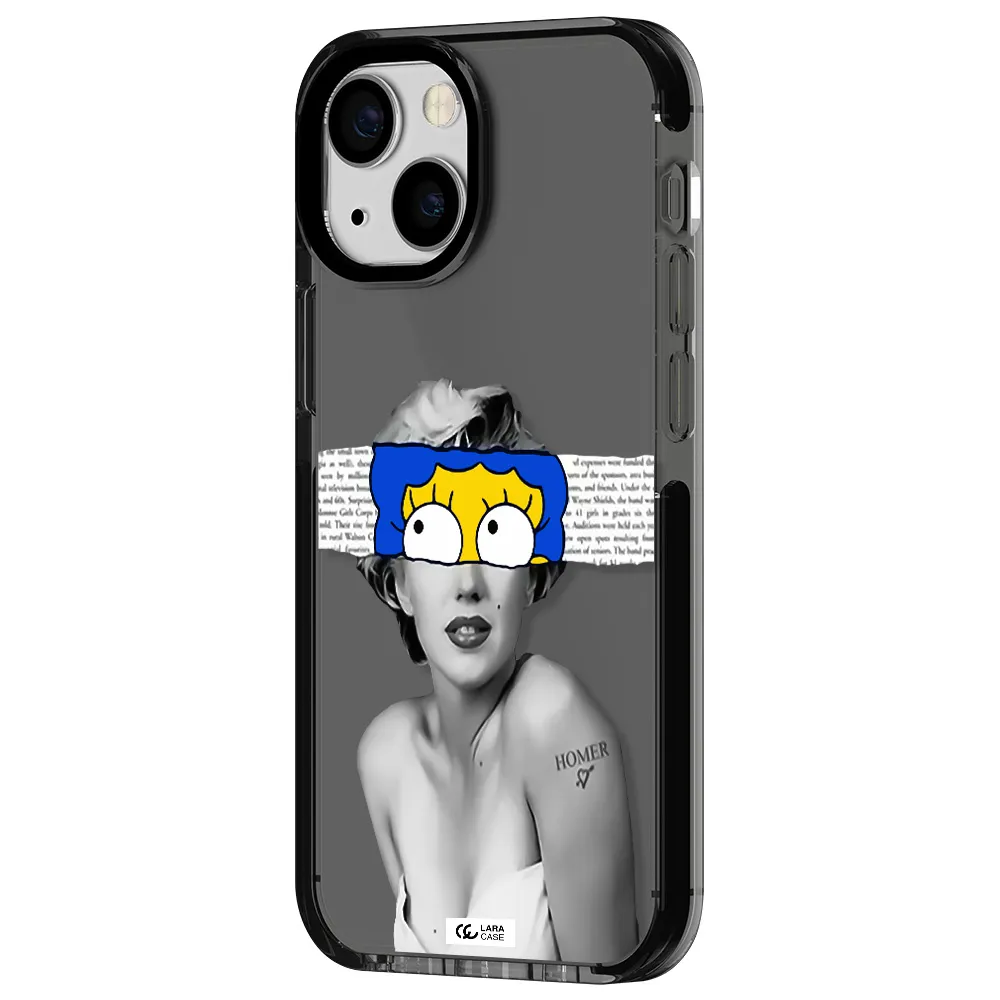 a woman with a cartoon on her head Apple iPhone 15 impact Smoke Black Case