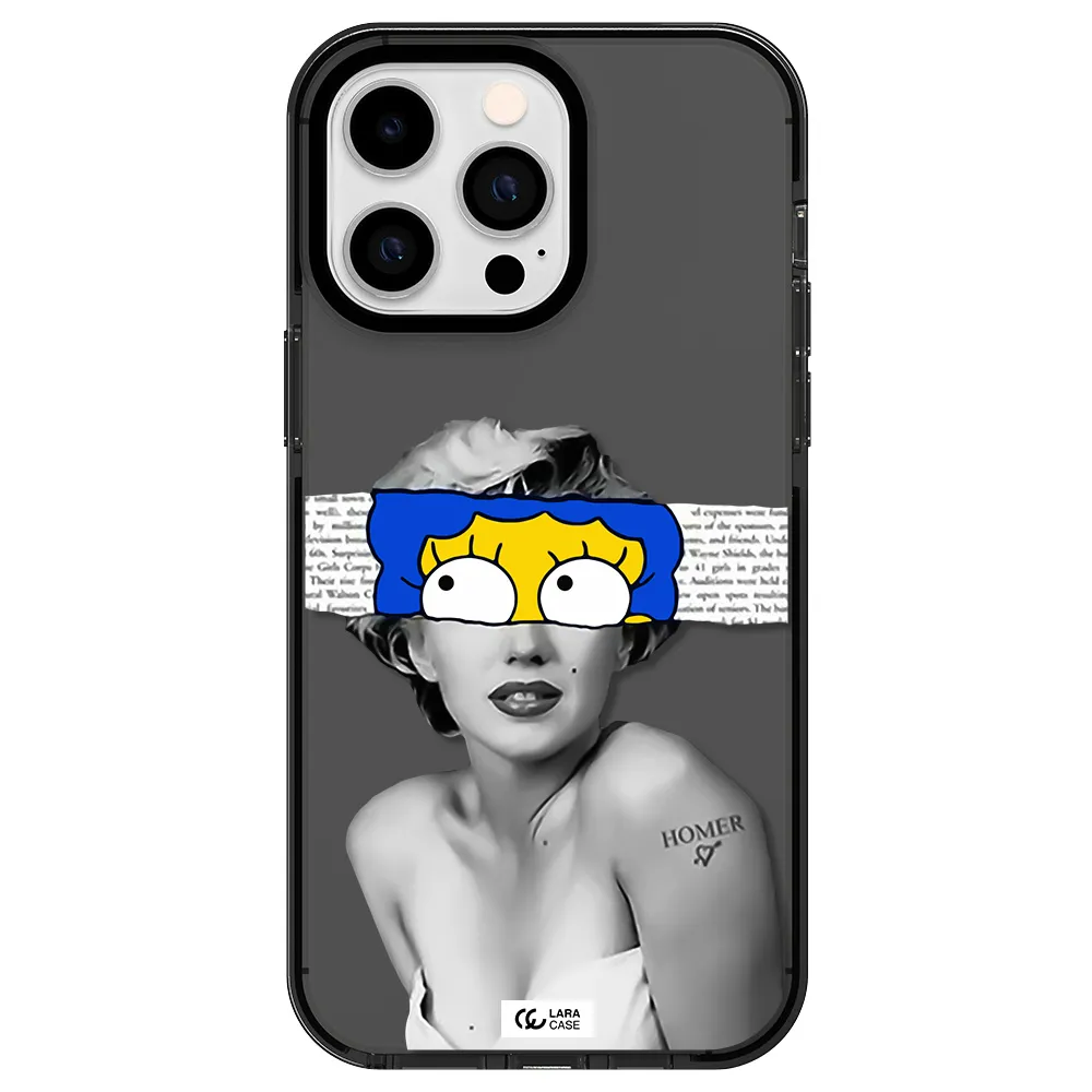 a woman with a cartoon on her head Apple iPhone 15 Pro impact Smoke Black Case