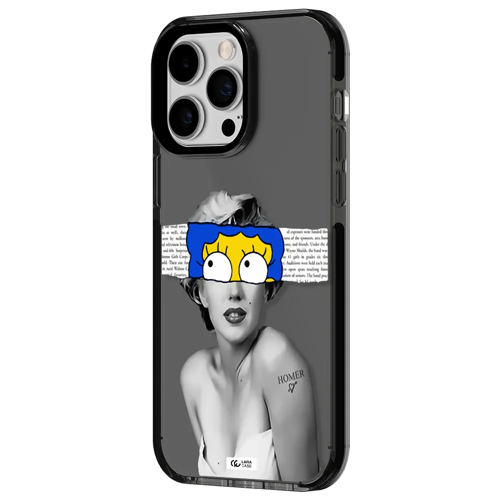 a woman with a cartoon on her head Apple iPhone 15 Pro impact Smoke Black Case