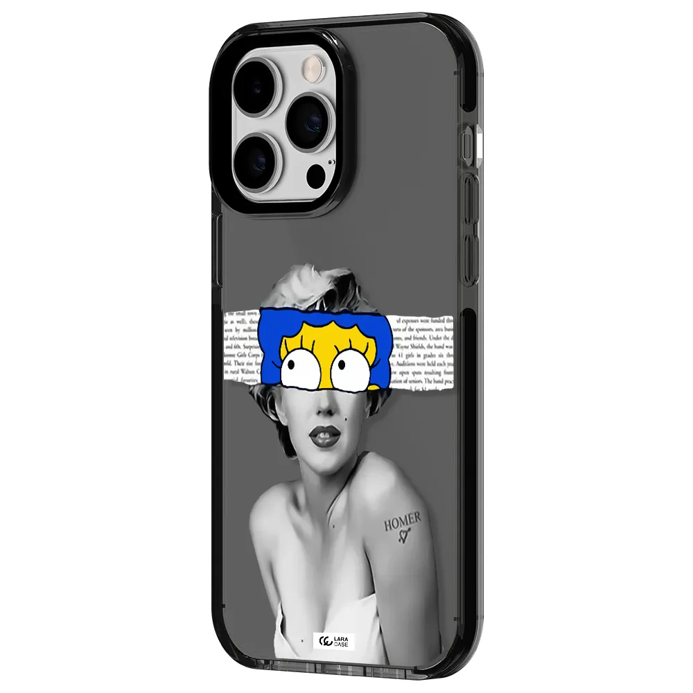a woman with a cartoon on her head Apple iPhone 15 Pro Max impact Smoke Black Case