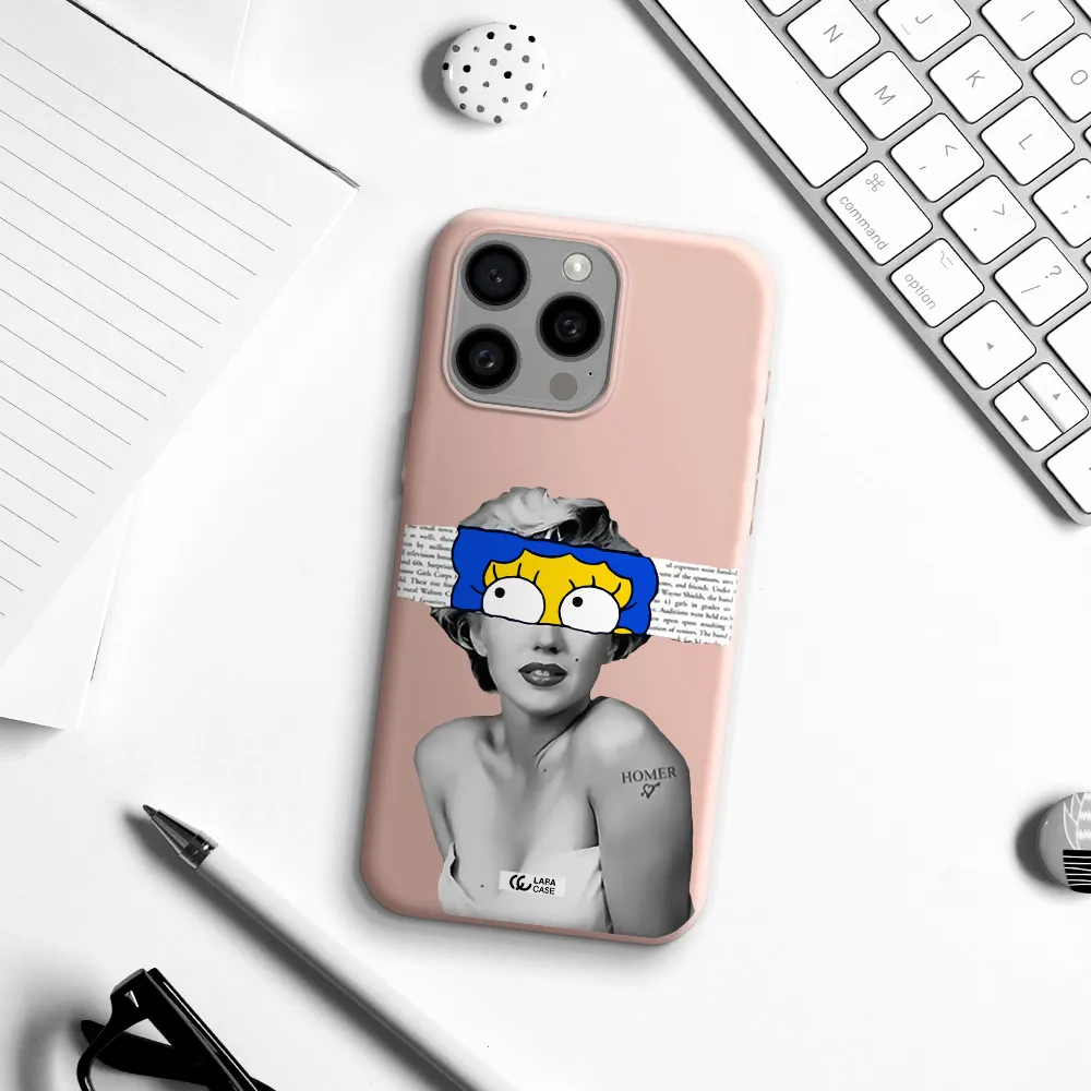 a woman with a cartoon on her head Apple Iphone 15 Pro max Silicone pastel pink Case