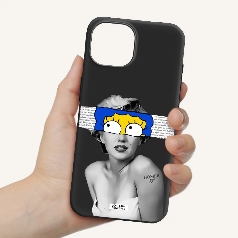 a woman with a cartoon on her head Apple iPhone 15 Silicone black Case