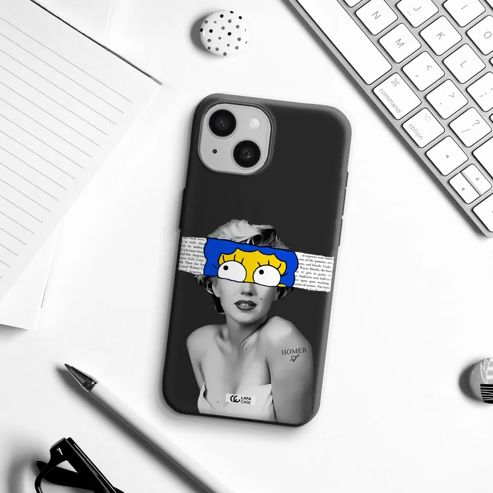 a woman with a cartoon on her head Apple iPhone 15 Silicone black Case