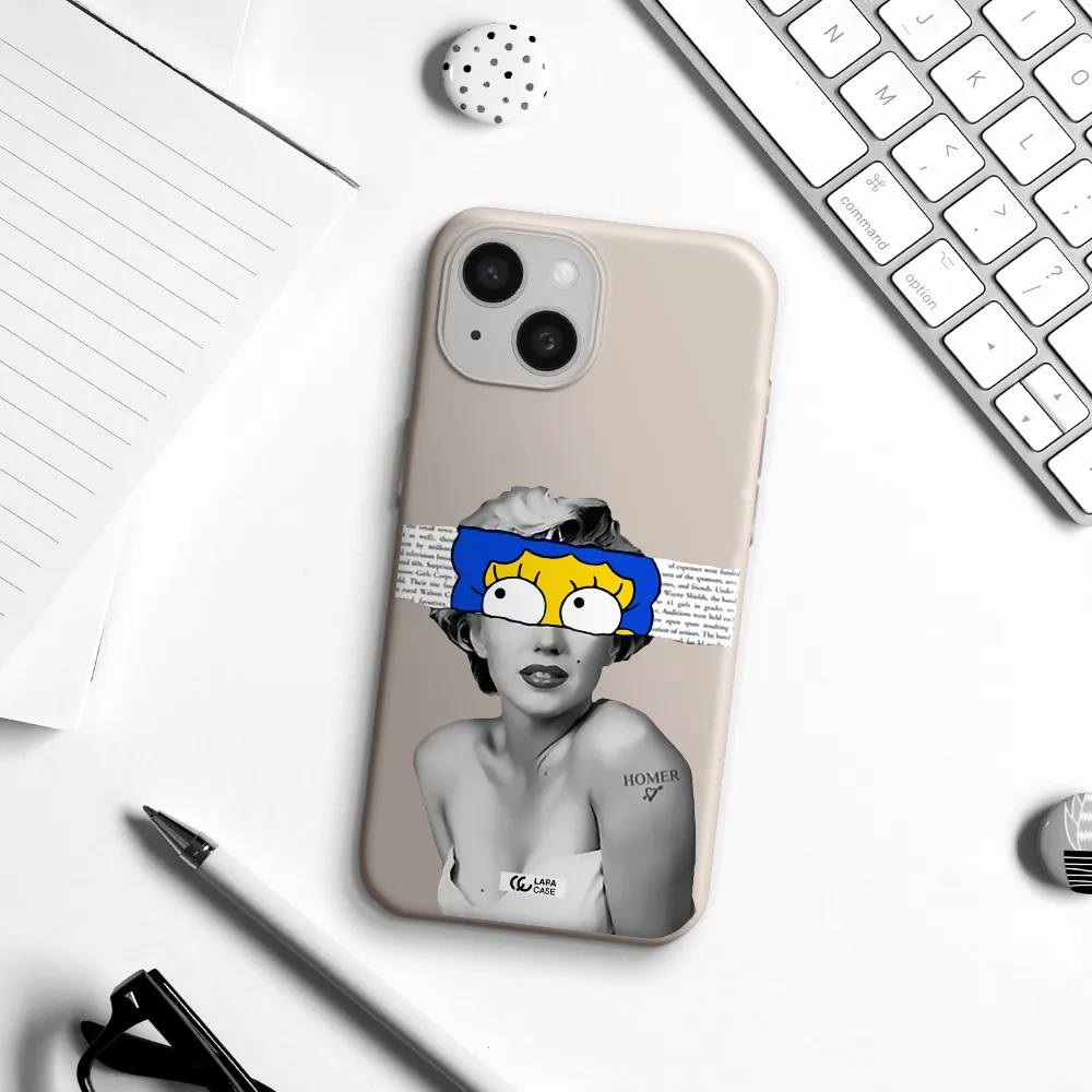 a woman with a cartoon on her head Apple iPhone 15 Silicone Stone Case