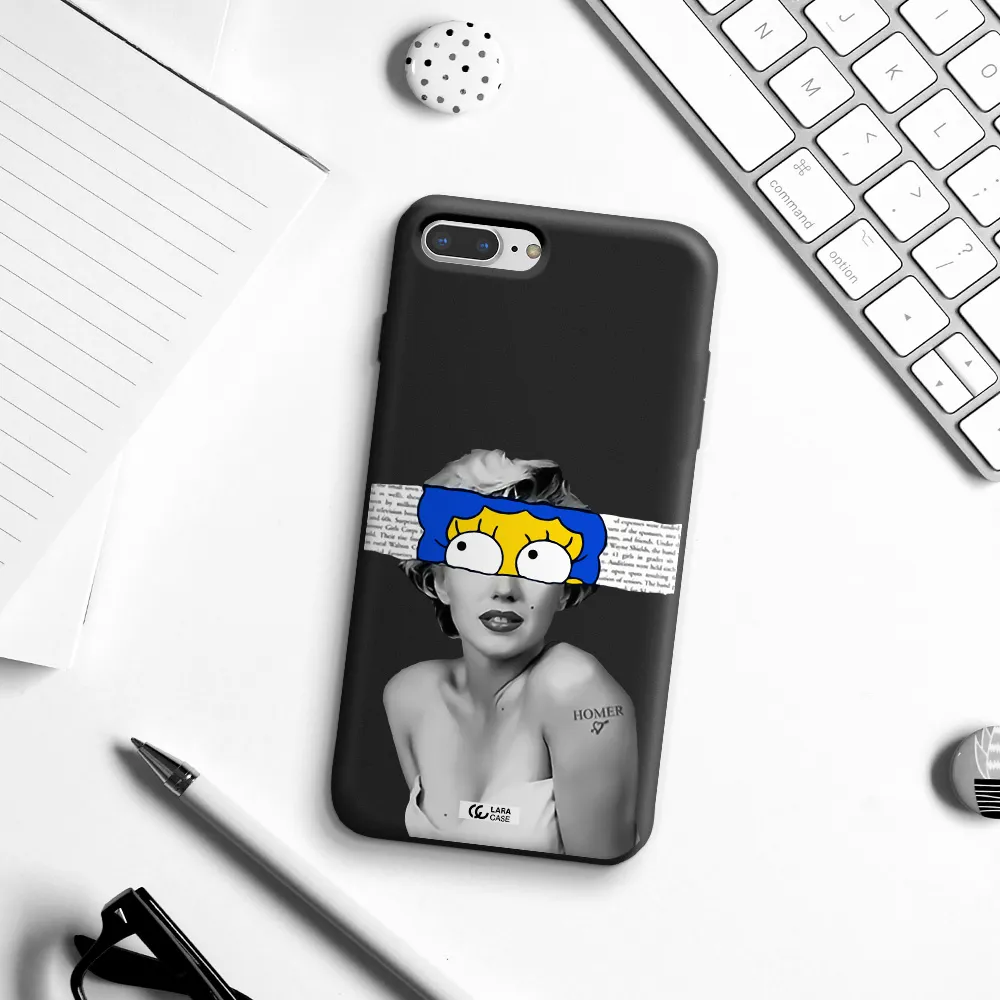a woman with a cartoon on her head Apple iPhone 8 plus Silicone black Case