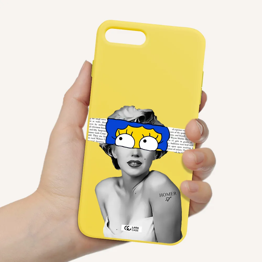 a woman with a cartoon on her head Apple iPhone 8 plus Silicone canary yellow Case