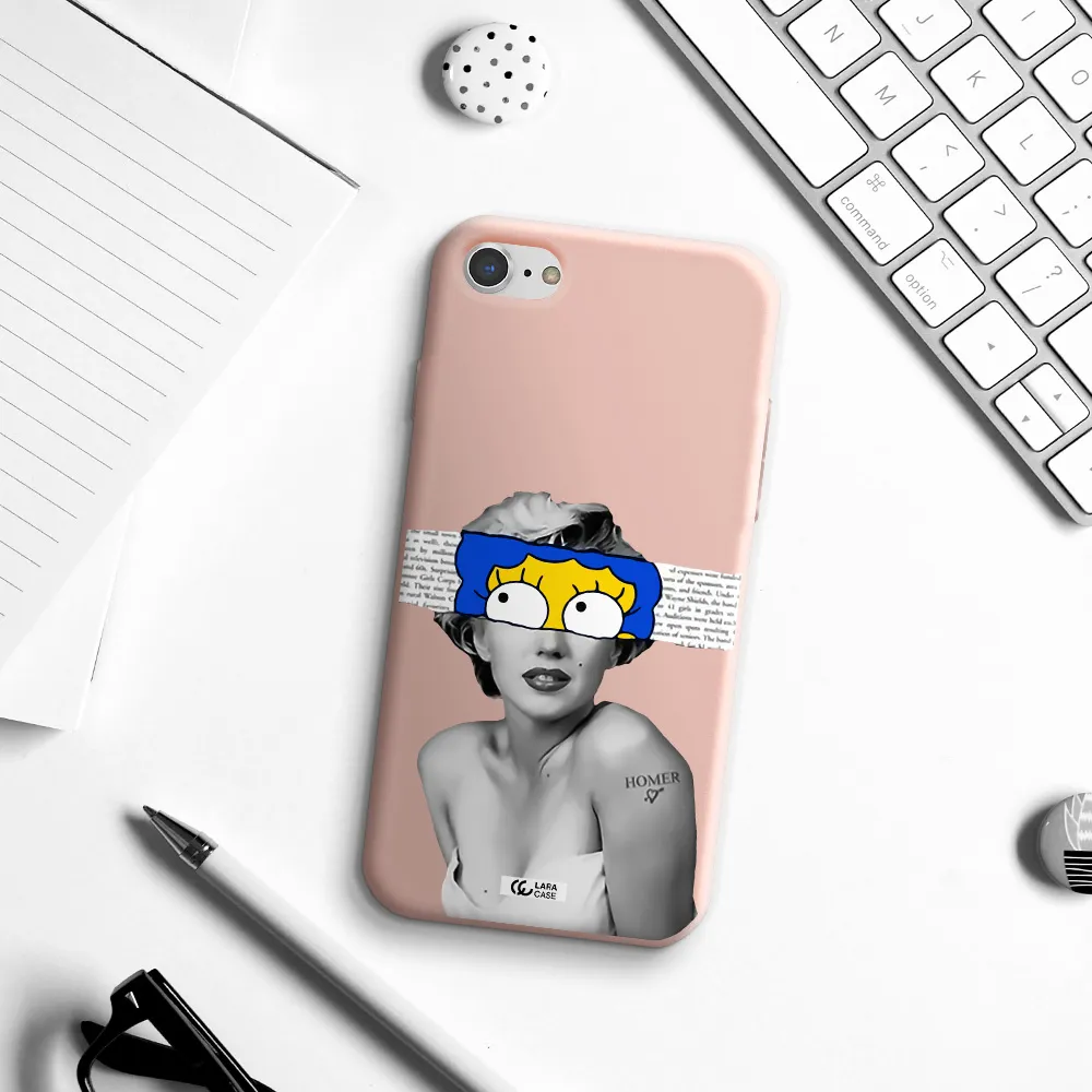 a woman with a cartoon on her head Apple iPhone 8 Silicone pastel pink Case