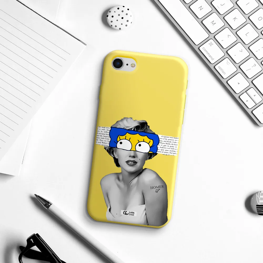 a woman with a cartoon on her head Apple iPhone se 2020 Silicone canary yellow Case