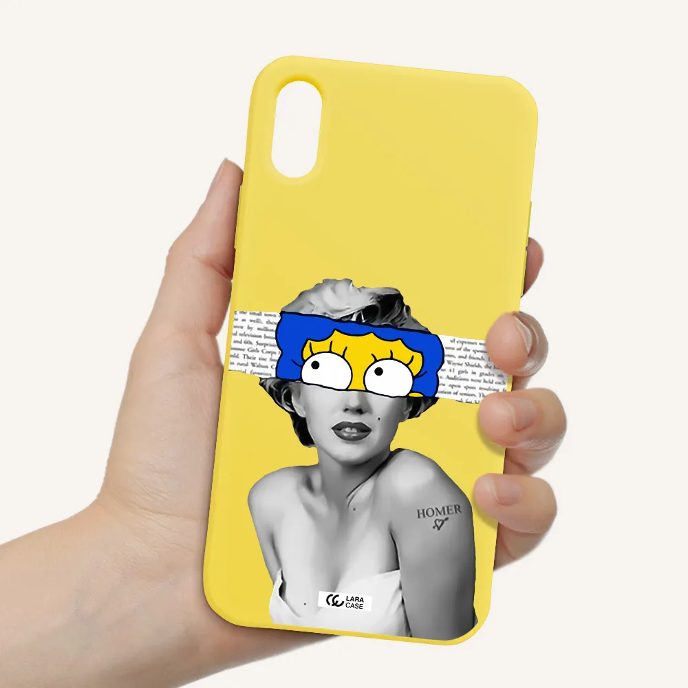 a woman with a cartoon on her head Apple iPhone X Silicone canary yellow Case