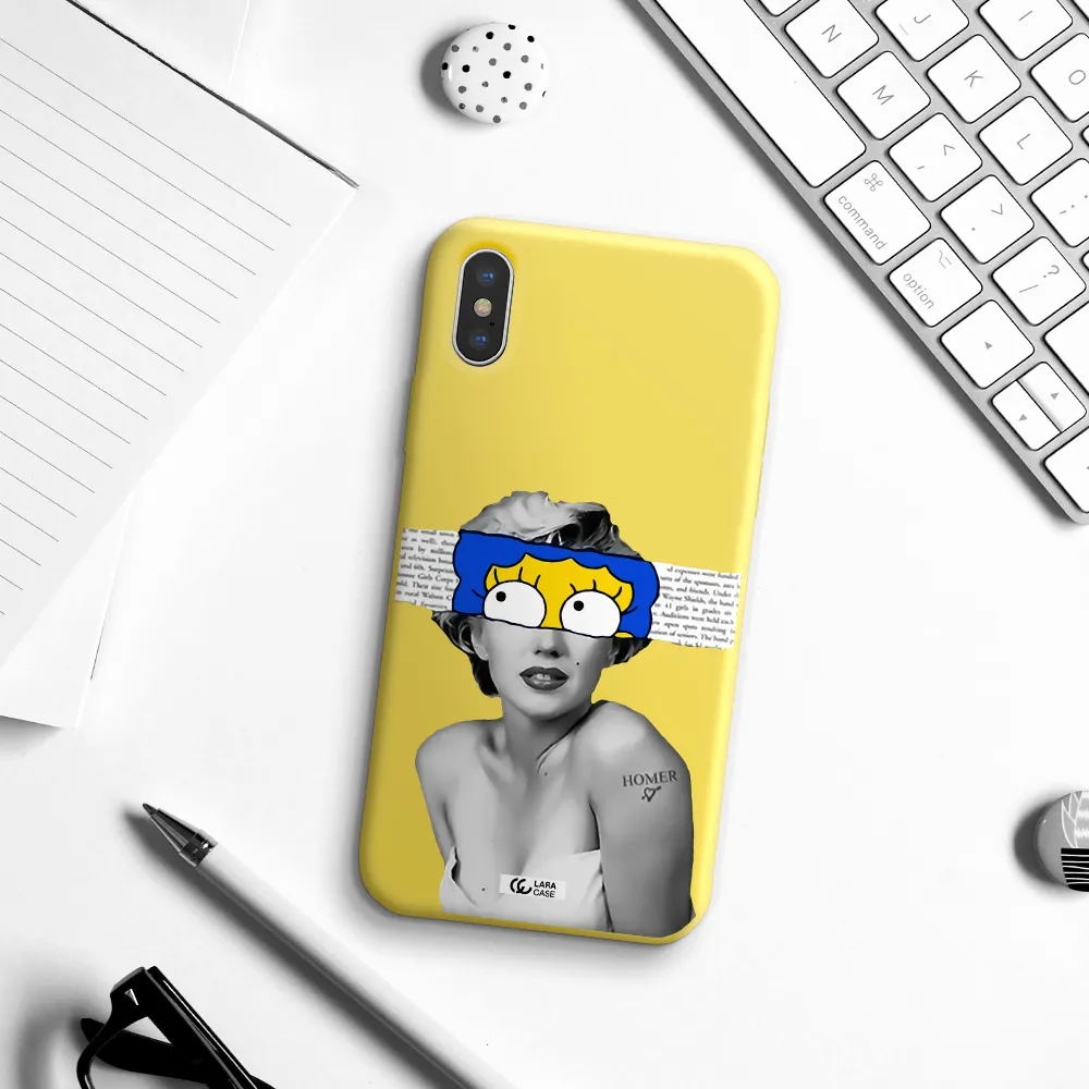 a woman with a cartoon on her head Apple iPhone X Silicone canary yellow Case