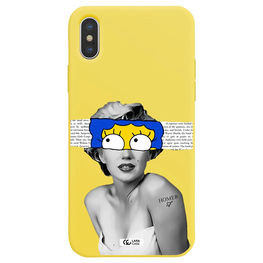 a woman with a cartoon on her head Apple iPhone XS Silicone canary yellow Case