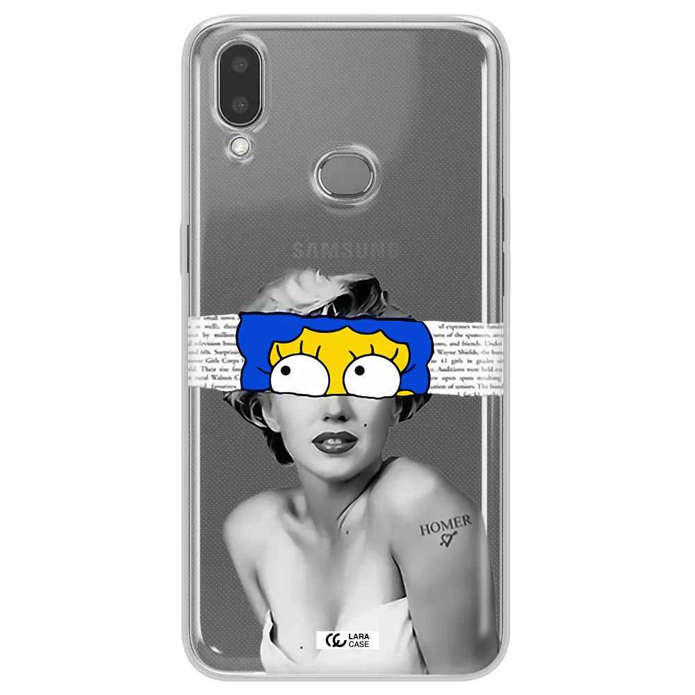a woman with a cartoon on her head Samsung A10S Clear TPU Case