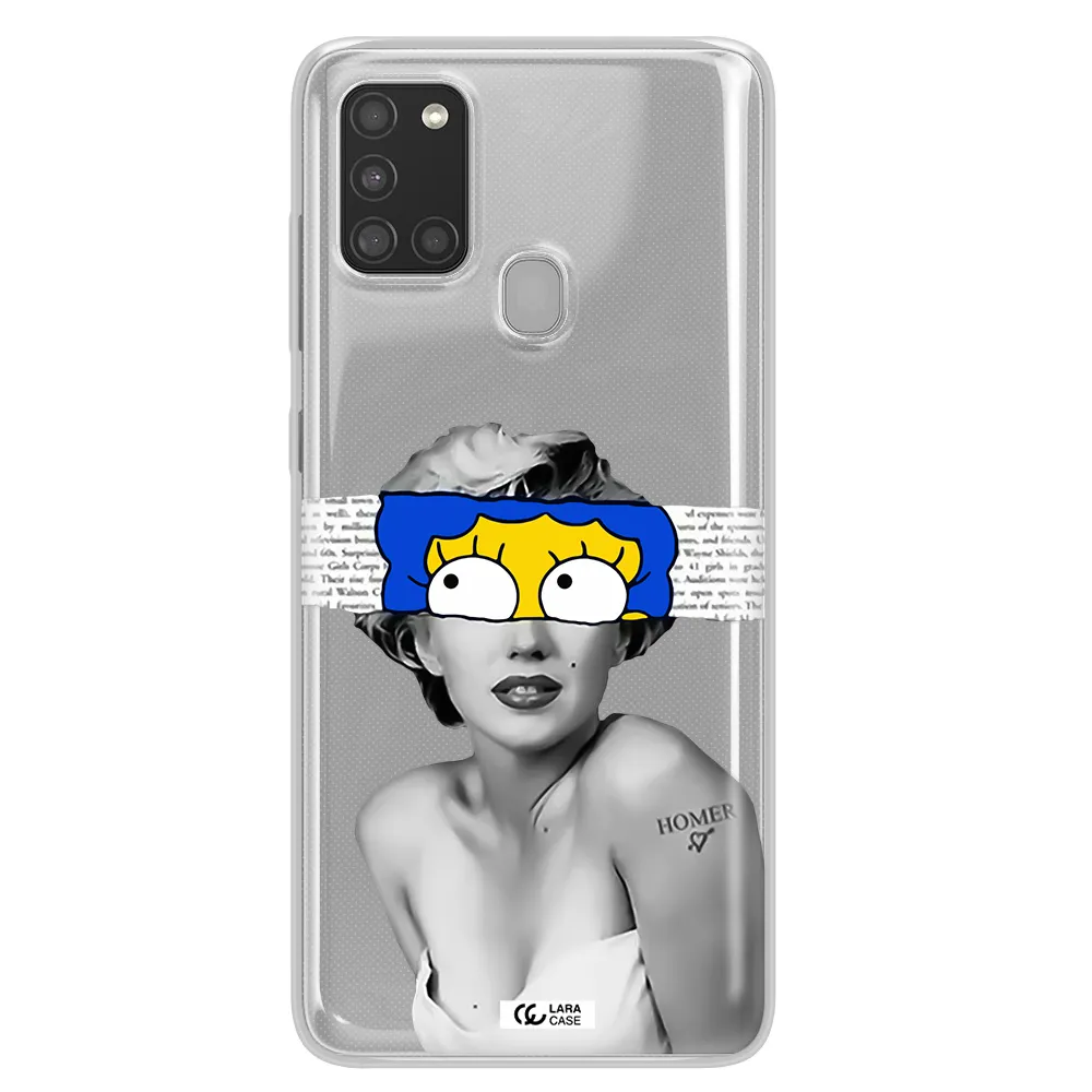 a woman with a cartoon on her head Samsung A21S Clear TPU Case