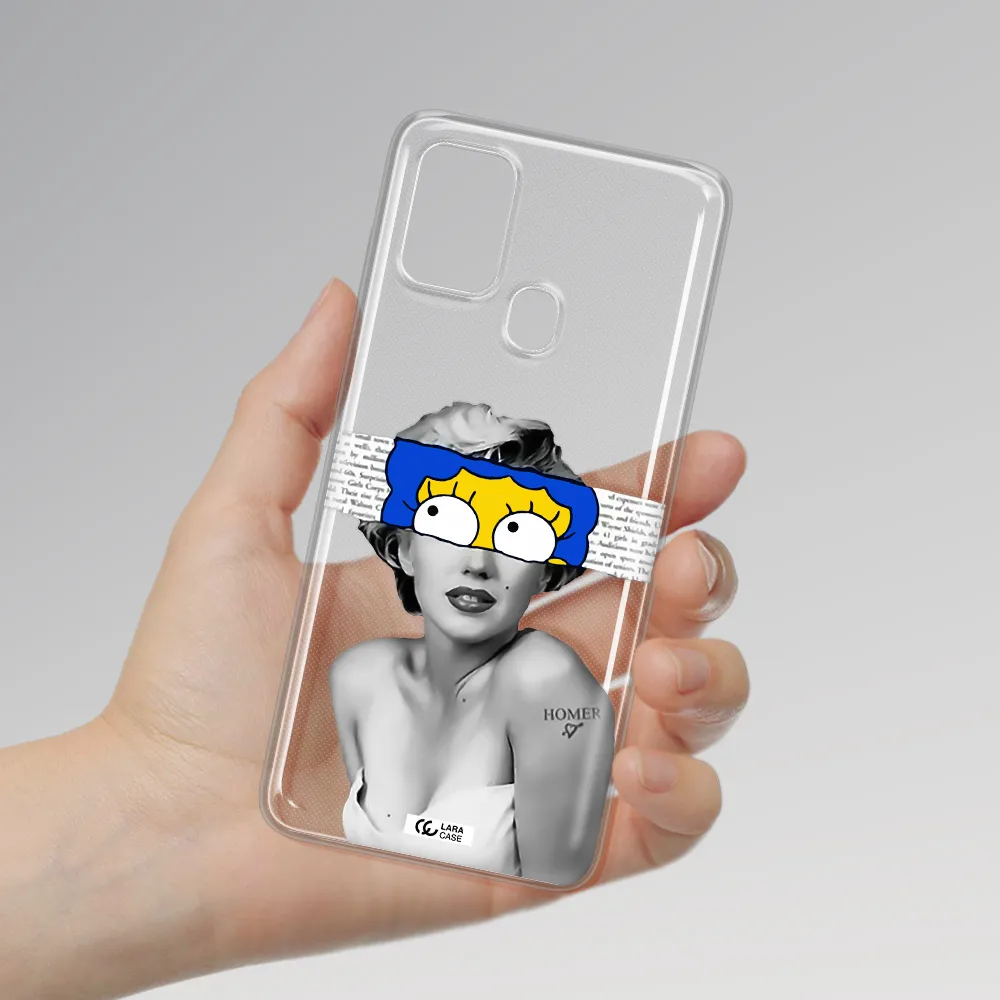 a woman with a cartoon on her head Samsung A21S Clear TPU Case