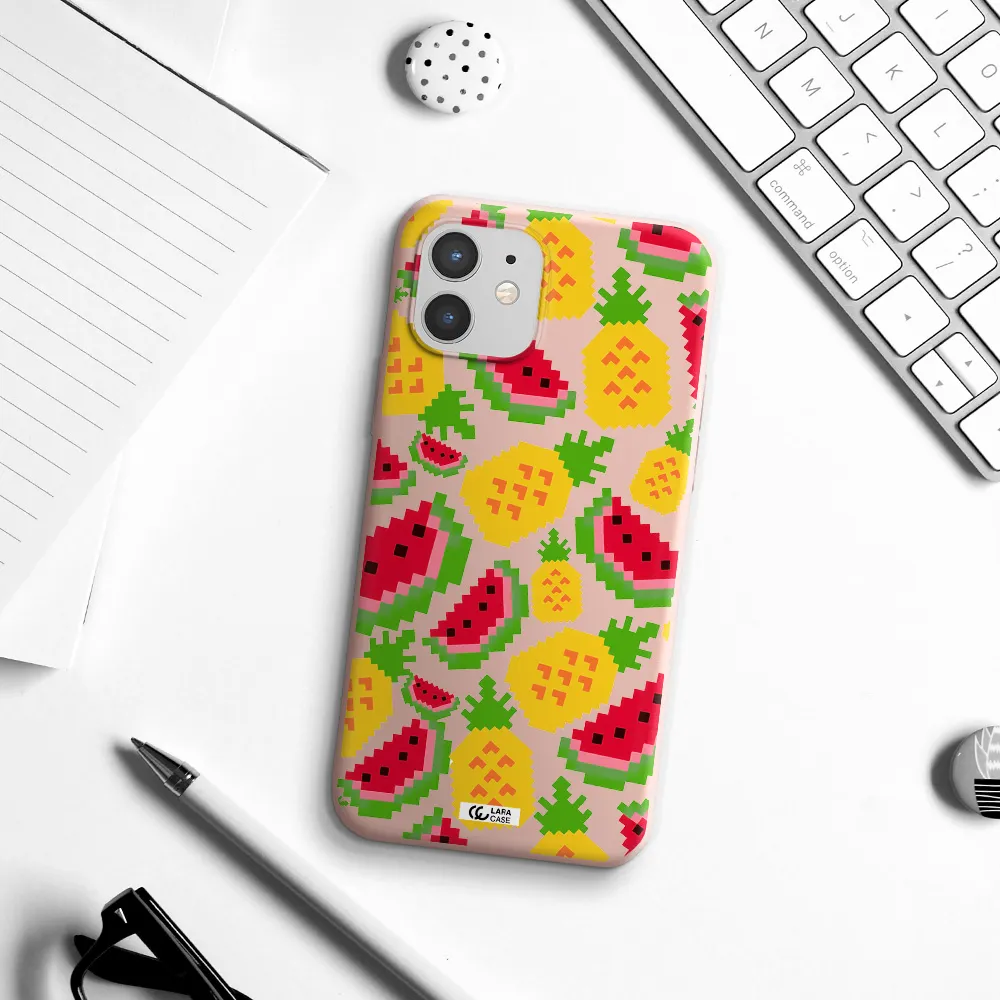 a pattern of watermelon and pineapples Apple iPhone 12 Silicone pastel pink Case